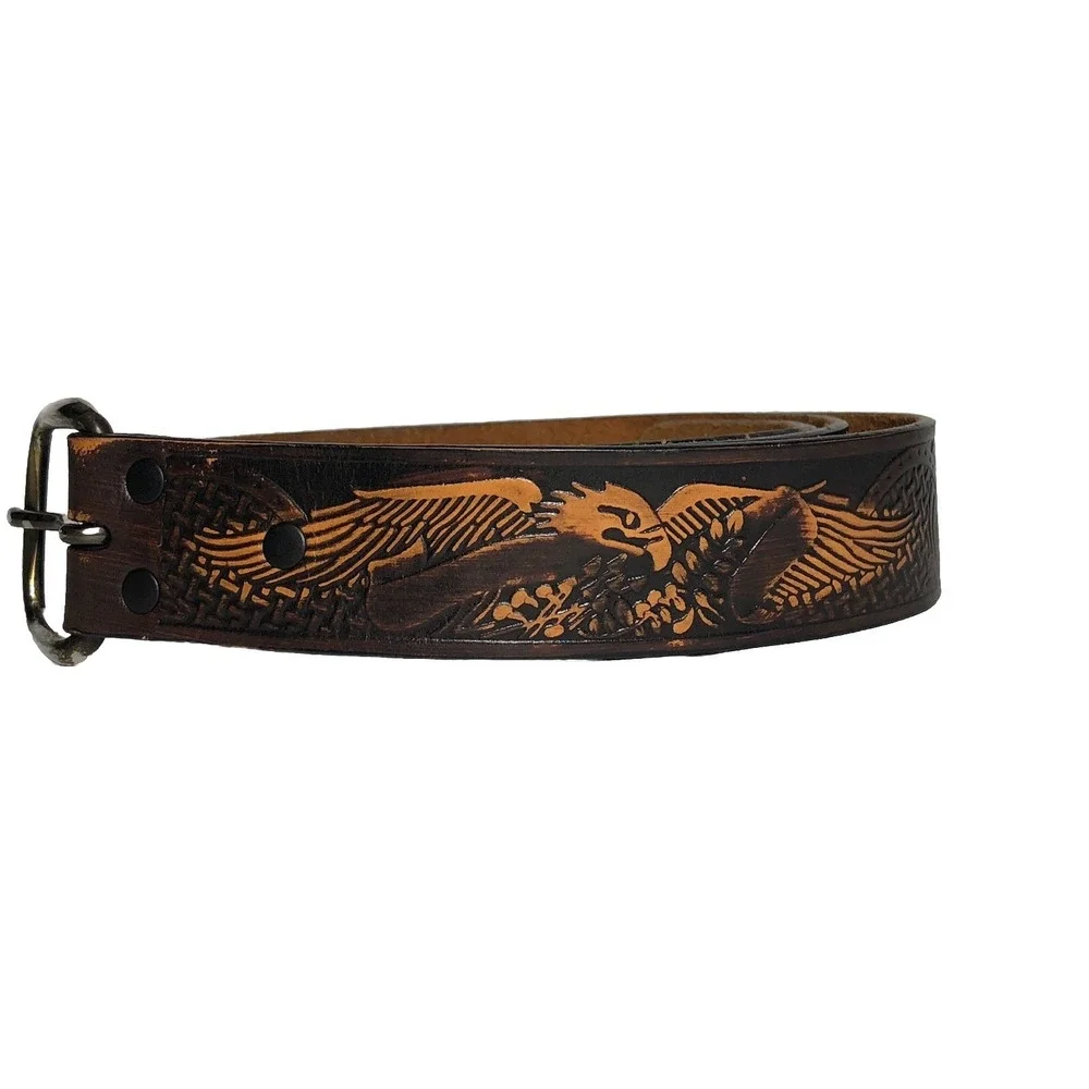 VTG Wrangler Belt Mens‎ 44 Tooled Genuine Leather American Bald Eagle Brown
